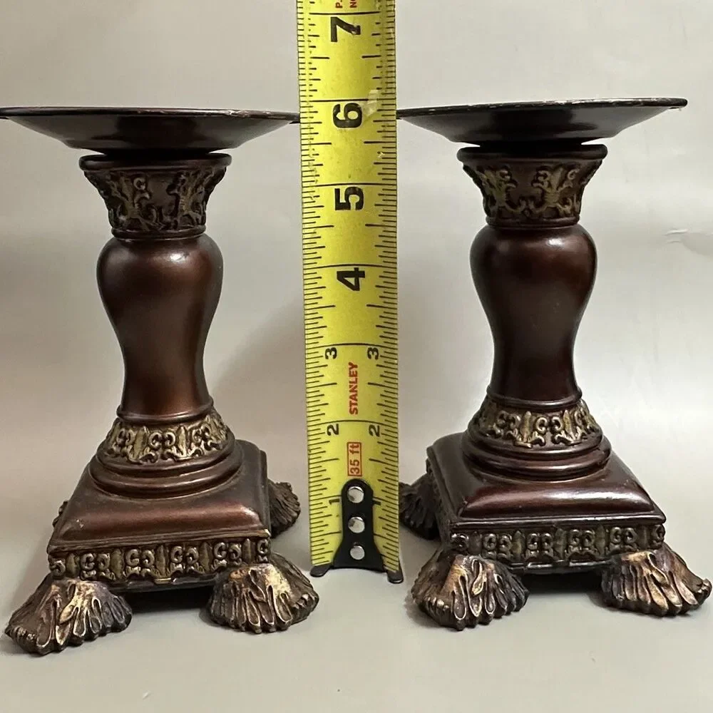 VTG Chinoiserie Pillar Candle Holders Pair Asian Ornate Pedestal w/Candle